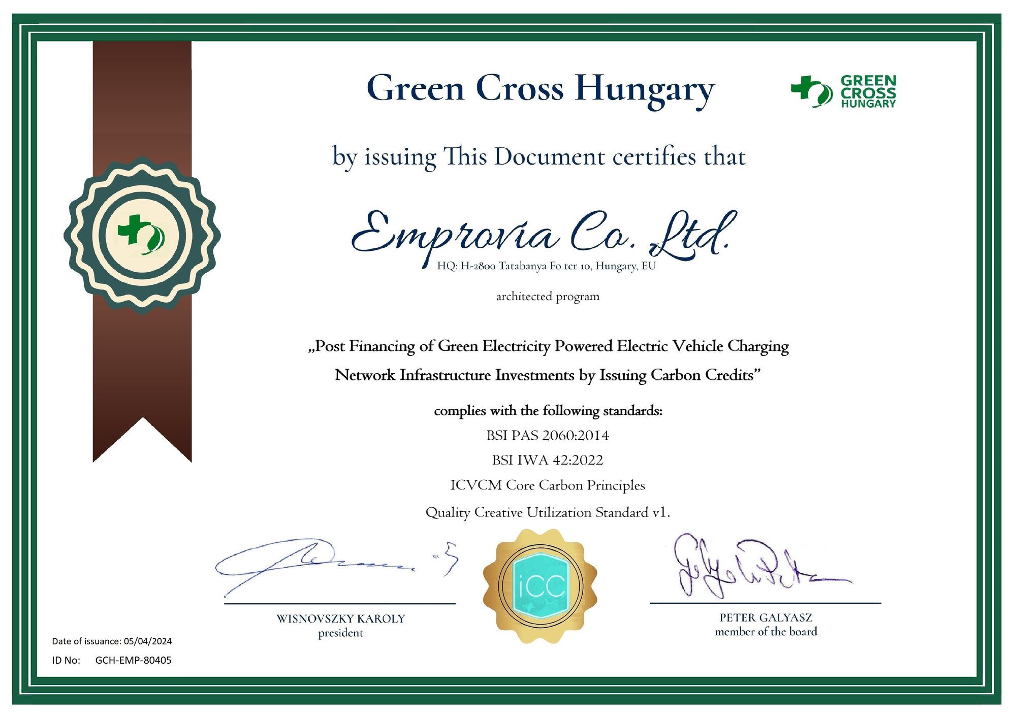 Compliance certificate for mitigia's carbon credit generation methodology for green charge point operators