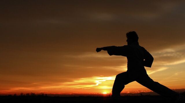 Person practising kung fu in front of a burning sky of sunset